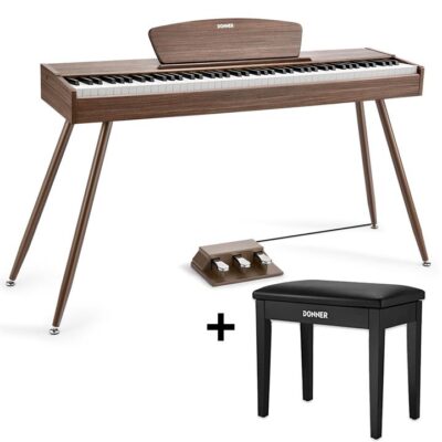 Donner DDP-80 Wooden Weighted Piano for Home - Walnut / Piano+Black Bench