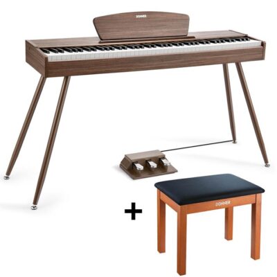 Donner DDP-80 Wooden Weighted Piano for Home - Walnut / Piano+Brown Bench