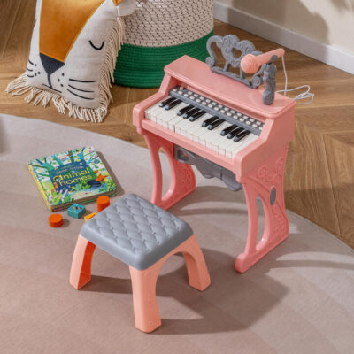 Mini Keyboard Piano for Kids 25 Keys Electric Piano with Stool Music Stand and Microphone-Pink