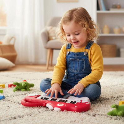 Dinosaur Shape Toy Digital Piano with Built-in Music and Light-Red