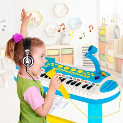 Portable Electronic 31-Key Kids Piano Keyboard Toy with Stool-Blue