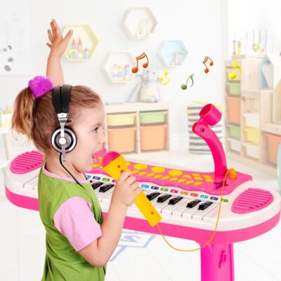 Portable Electronic 31-Key Kids Piano Keyboard Toy with Stool-Pink